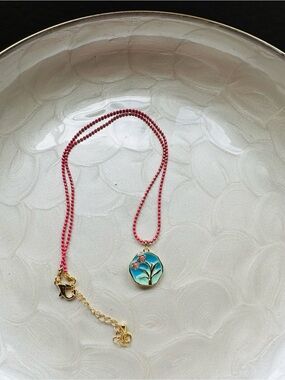 Gold Floral Pendant Necklace with Pink Chain